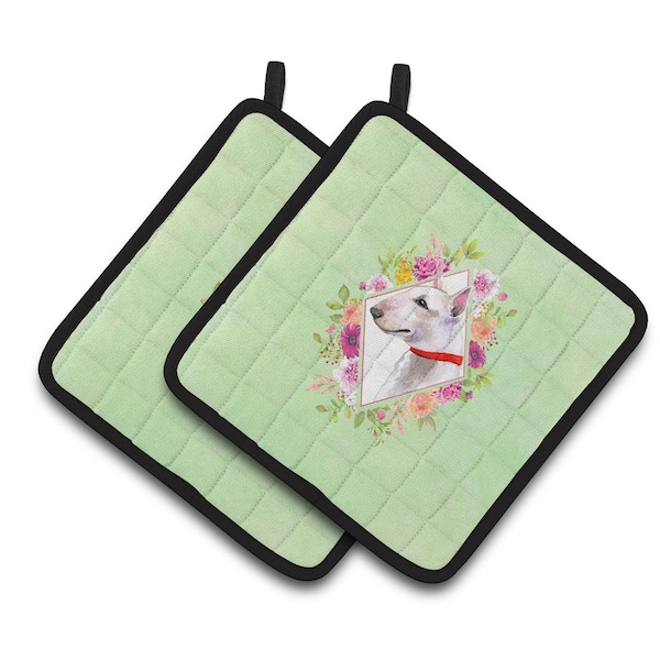 Carolines Treasures 7.5 x 7.5 in. Bull Terrier Green Flowers Pair of Pot Holders - CK4284PTHD