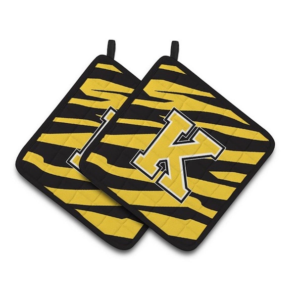 Carolines Treasures Monogram Initial K Tiger Stripe - Black Gold Pair of Pot Holders, 7.5 x 3 x 7.5 in. - CJ1026-KPTHD