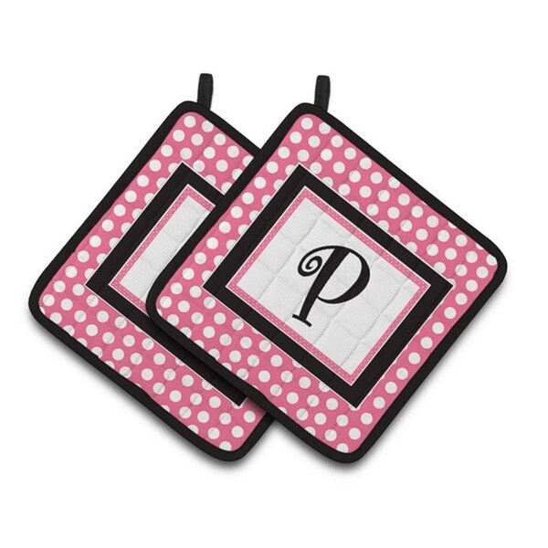 Carolines Treasures Letter P Monogram - Pink Black Polka Dots Pair of Pot Holders, 7.5 x 3 x 7.5 in. - CJ1001-PPTHD