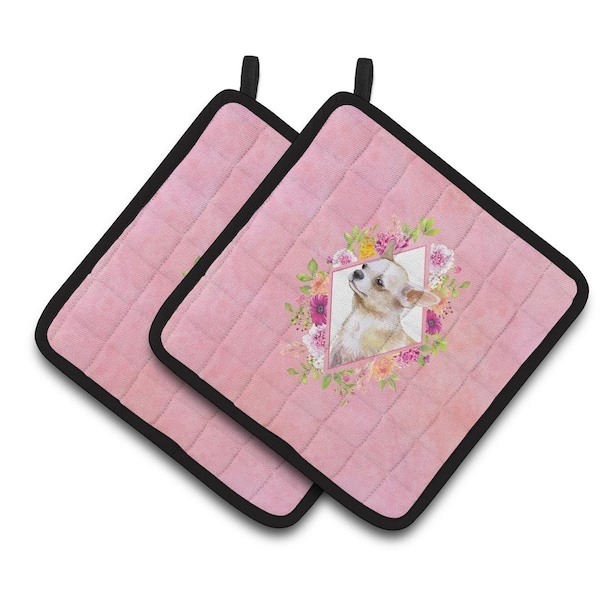 Carolines Treasures 7.5 x 7.5 in. Chihuahua No.2 Pink Flowers Pair of Pot Holders - CK4129PTHD