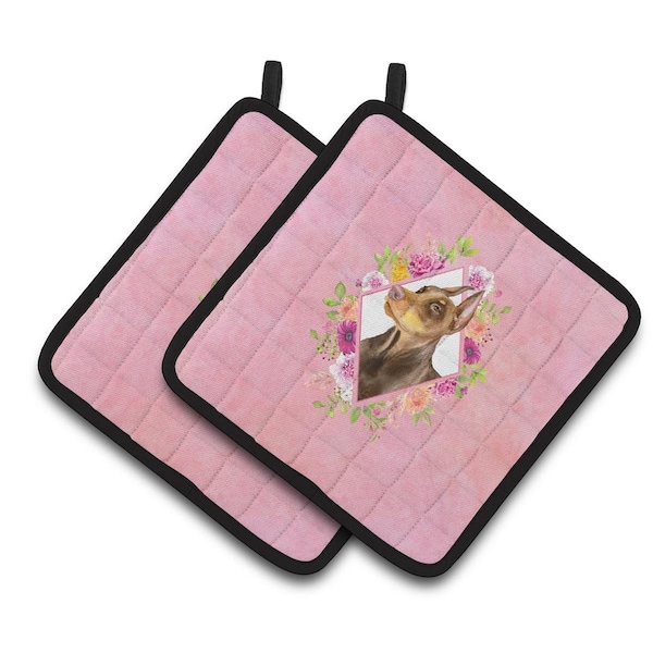 Carolines Treasures 7.5 x 7.5 in. Doberman Pinscher Pink Flowers Pair of Pot Holders - CK4138PTHD