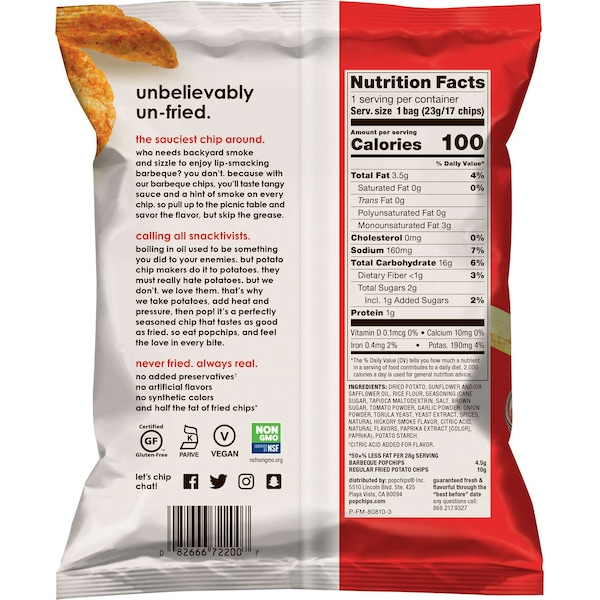 Popchips 0.8 oz. Botana de papas fritas kosher sabor barbacoa, PK24 - 10082666722004