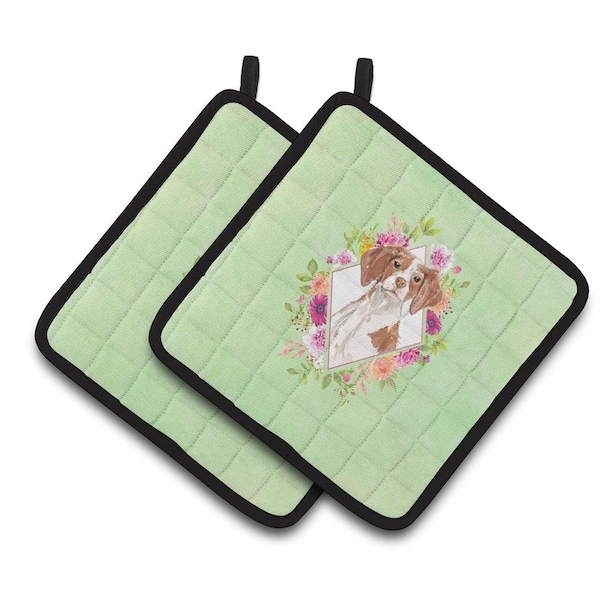 Carolines Treasures 7.5 x 7.5 in. Brittany Spaniel Green Flowers Pair of Pot Holders - CK4414PTHD