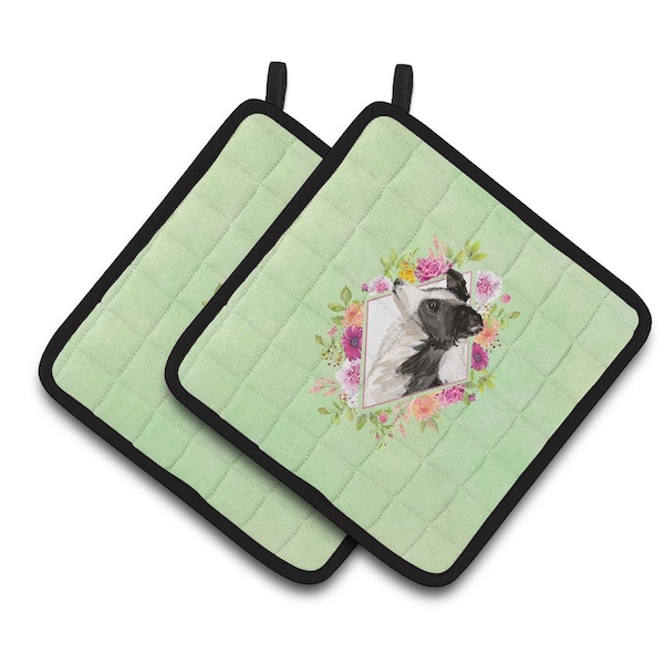 Carolines Treasures 7.5 x 7.5 in. Border Collie Green Flowers Pair of Pot Holders - CK4418PTHD