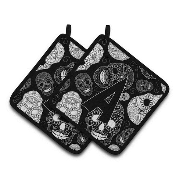 Carolines Treasures Letter A Day of the Dead Skulls Black Pair of Pot Holders, 7.5 x 3 x 7.5 in. - CJ2008-APTHD