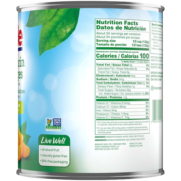 Mandarina Dole en almíbar ligero en lata de 100 oz, paquete de 6 - 04218