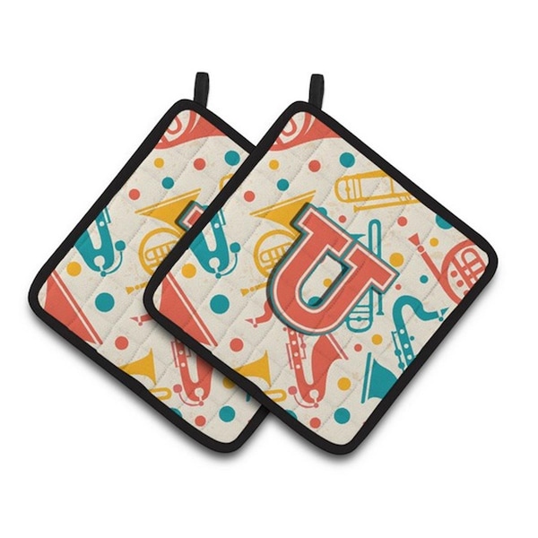 Carolines Treasures Letter U Retro Teal Orange Musical Instruments Initial Pair of Pot Holders, 7.5 x 3 x 7.5 in. - CJ2001-UPTHD