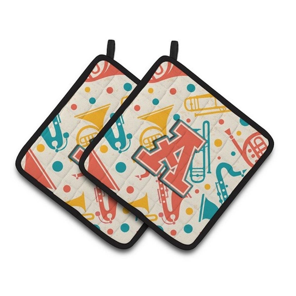 Carolines Treasures Letter A Retro Teal Orange Musical Instruments Initial Pair of Pot Holders, 7.5 x 3 x 7.5 in. - CJ2001-APTHD