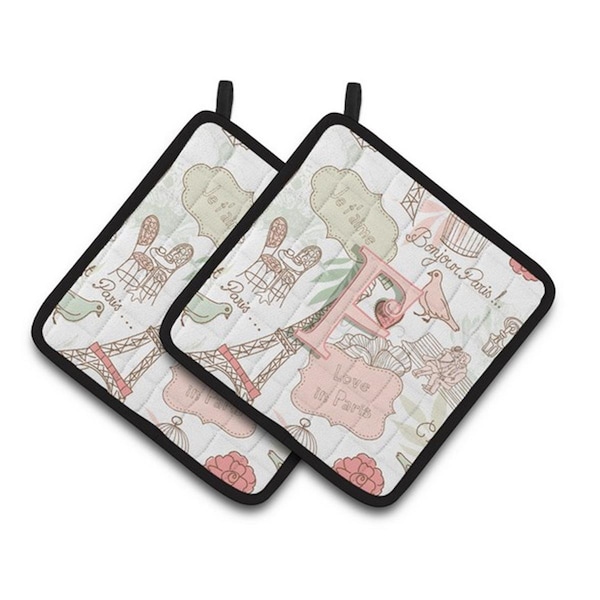 Carolines Treasures Letter F Love in Paris Pink Pair of Pot Holders, 7.5 x 3 x 7.5 in. - CJ2002-FPTHD