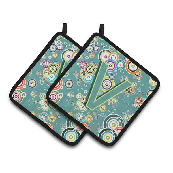 Carolines Treasures Letter V Circle Circle Teal Initial Alphabet Pair of Pot Holders, 7.5 x 3 x 7.5 in. - CJ2015-VPTHD