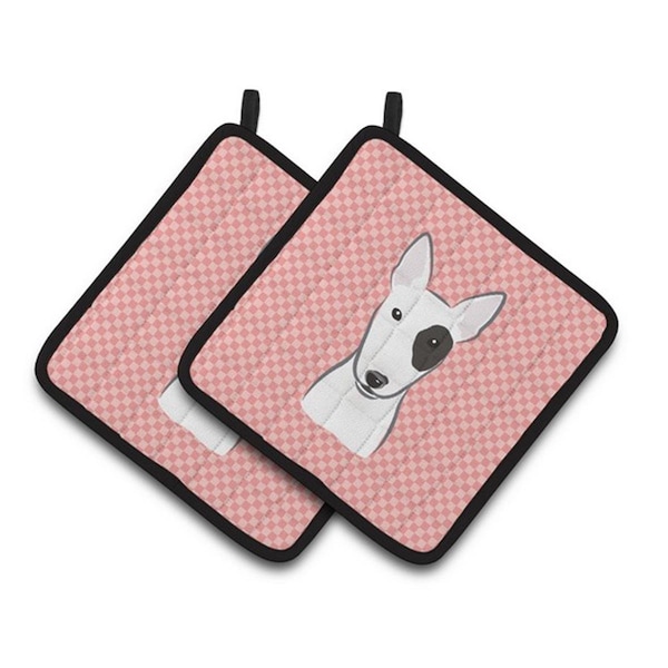 Carolines Treasures Checkerboard Pink Bull Terrier Pair of Pot Holders, 7.5 x 3 x 7.5 in. - BB1209PTHD
