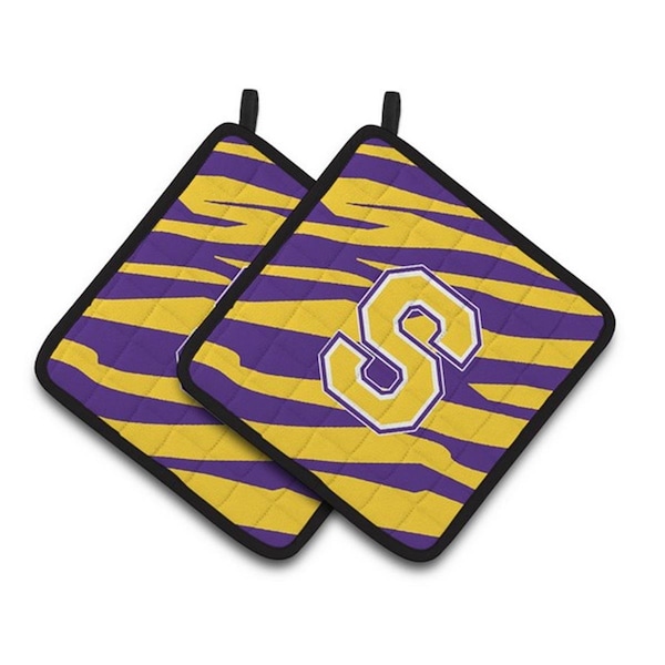 Carolines Treasures Letter S Monogram - Tiger Stripe - Purple Gold Pair of Pot Holders, 7.5 x 3 x 7.5 in. - CJ1022-SPTHD
