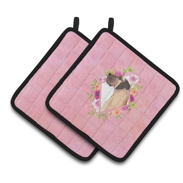 Carolines Treasures 7.5 x 7.5 in. Fawn Great Dane Pink Flowers Pair of Pot Holders - CK4234PTHD