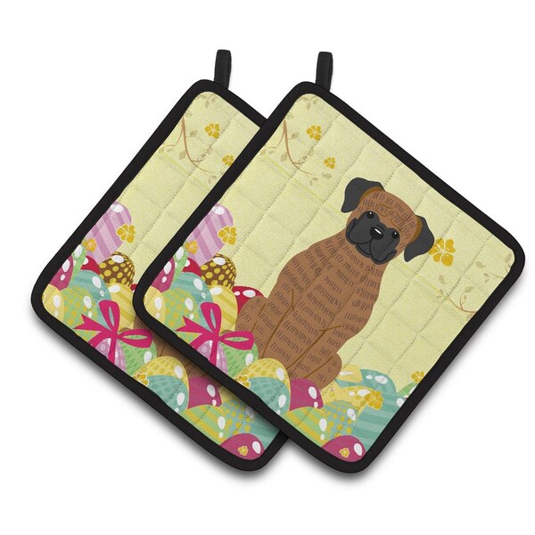 Carolines Treasures Easter Eggs Brindle Boxer Pair of Pot Holders - BB6117PTHD