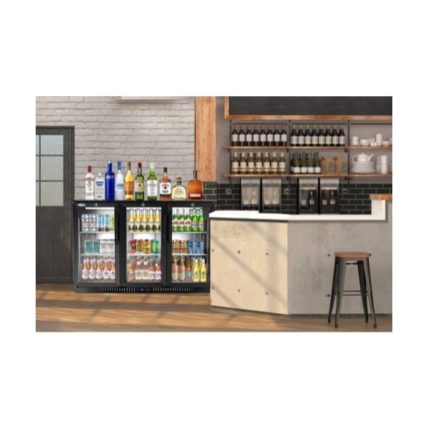 Koolmore 3 Door Back Bar Cooler Counter Height Glass Door Refrigerator with LED Lighting - 11 cu.ft, Black - BC-3DSW-BK