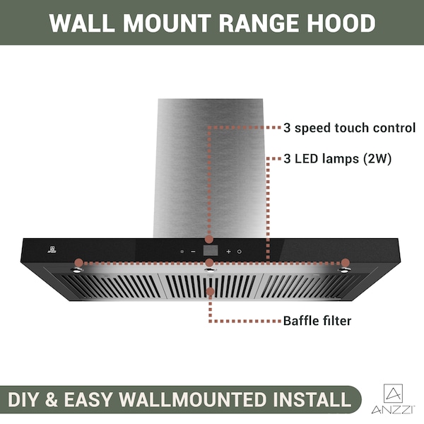 Anzzi 36-Inch Wall Mount Range Hood, Stainless Steel Wall Mount with 2 LED Lights - RH-AZ0190PSS