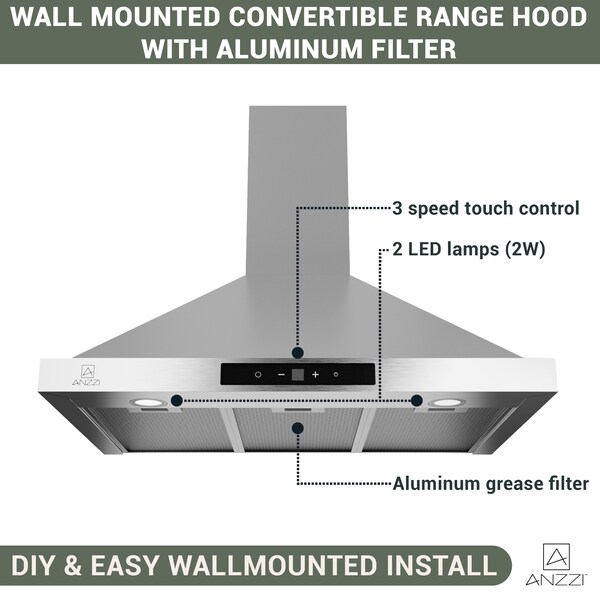 Anzzi 30-Inch Wall-mounted stainless steel-finished convertible range hood with aluminum filter - RH-AZ0576ESS