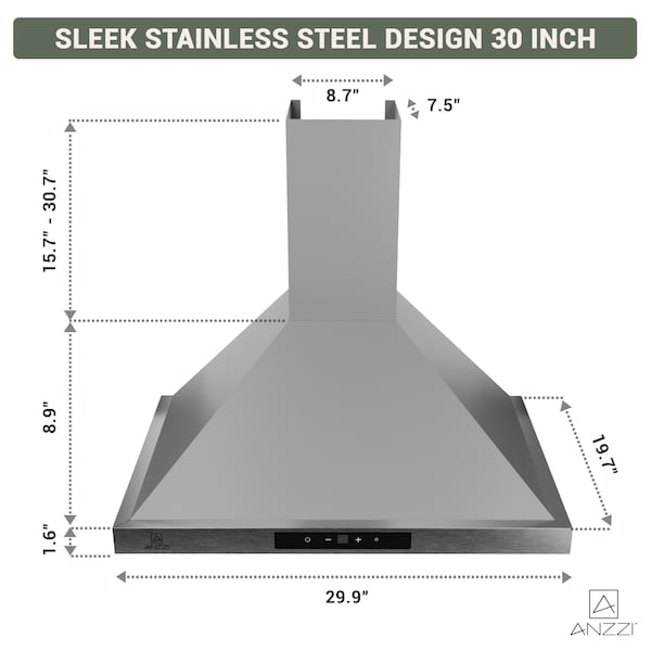 Anzzi 30-Inch Wall-mounted stainless steel-finished convertible range hood with aluminum filter - RH-AZ0576ESS