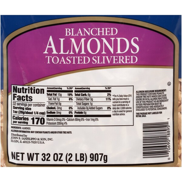 Almendras fileteadas sin sal tostadas y peladas de Fisher, 32 oz., PK3 - 18895A.