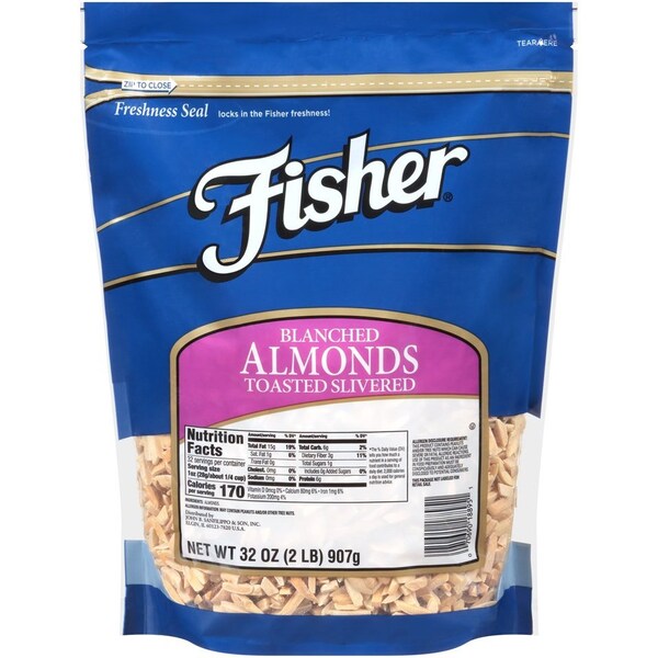 Almendras fileteadas sin sal tostadas y peladas de Fisher, 32 oz., PK3 - 18895A.