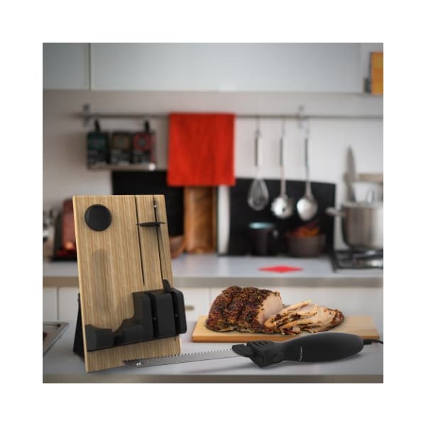 Hastings Home Electric Carving Knife Set, 2 Stainless Steel Blades, Comfort Grip Handle and Wood Storage Block - 129832QDS