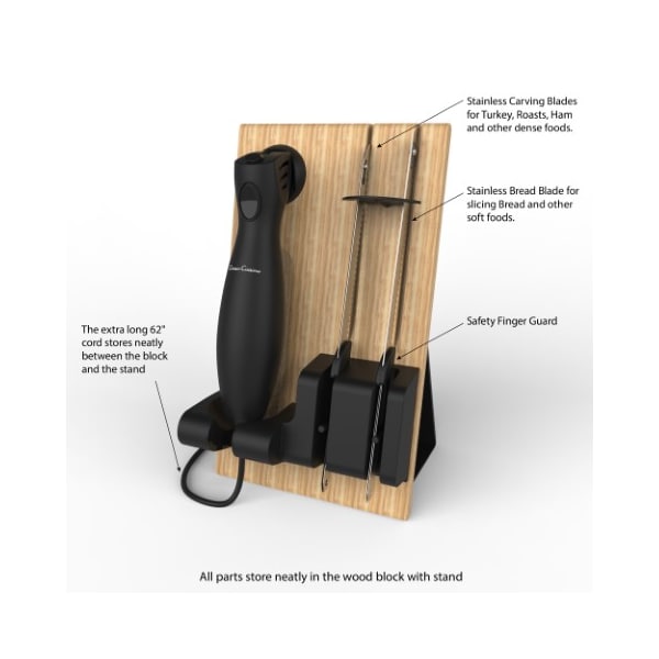 Hastings Home Electric Carving Knife Set, 2 Stainless Steel Blades, Comfort Grip Handle and Wood Storage Block - 129832QDS