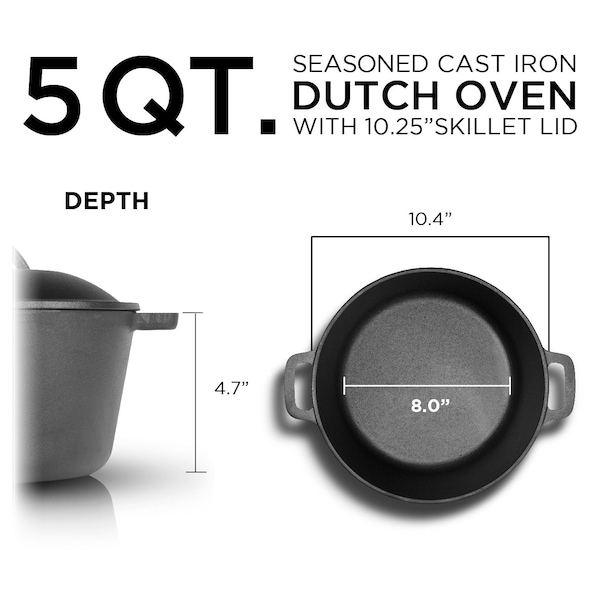 Commercial Chef 5 Quart Cast Iron Dutch Oven with Dome Lid & Handles, Preseasoned - CHFL545