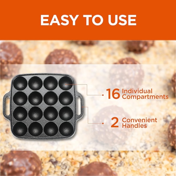 Commercial Chef Cast Iron Cookware Aebleskiver Pan With 16 Cake Pop Mold Openings - CHCI16