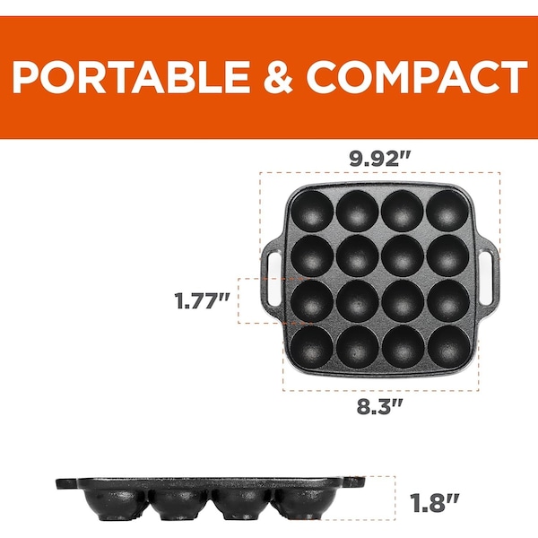 Commercial Chef Cast Iron Cookware Aebleskiver Pan With 16 Cake Pop Mold Openings - CHCI16