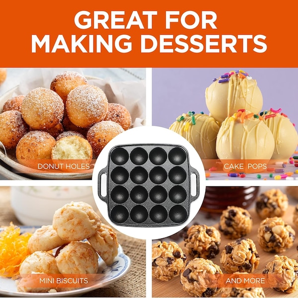 Commercial Chef Cast Iron Cookware Aebleskiver Pan With 16 Cake Pop Mold Openings - CHCI16