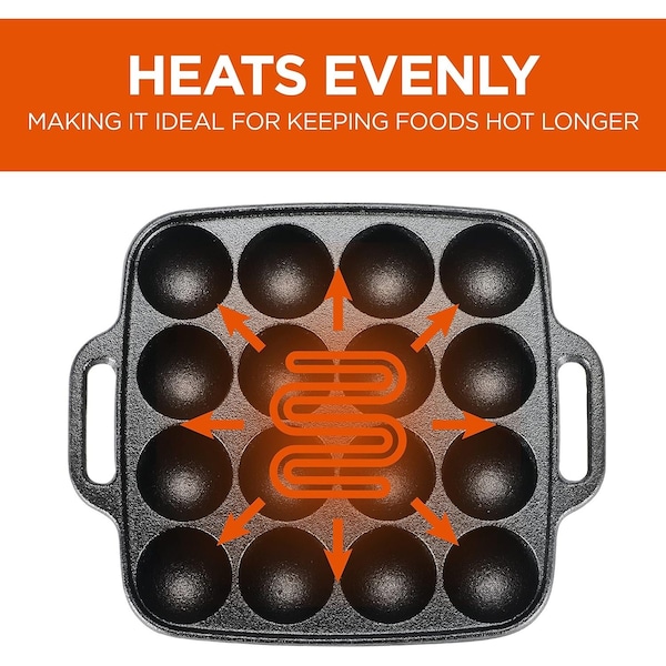 Commercial Chef Cast Iron Cookware Aebleskiver Pan With 16 Cake Pop Mold Openings - CHCI16