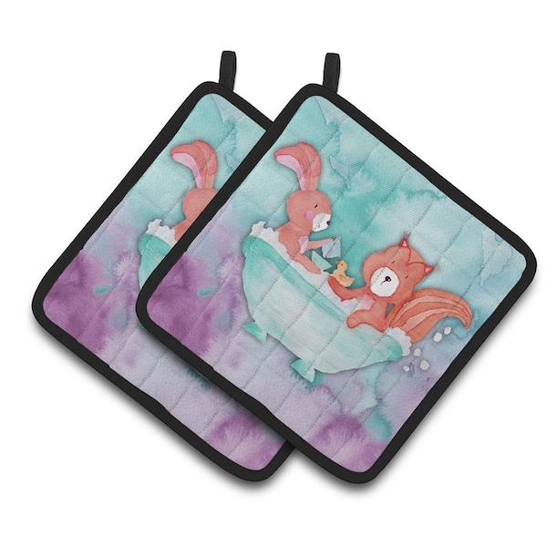 Carolines Treasures Rabbit & Squirrel Bathing Watercolor Pair of Pot Holders - BB7348PTHD
