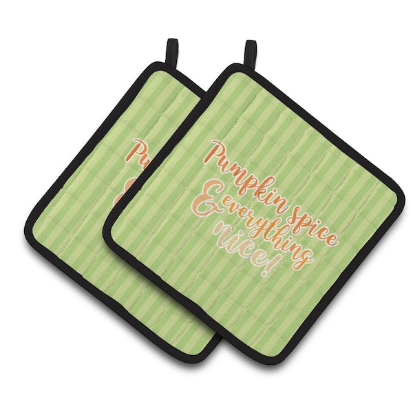 Carolines Treasures Fall Pumpkin Spice Green Stripe Pair of Pot Holders - BB6922PTHD
