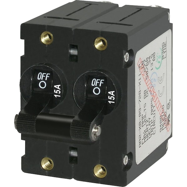 Blue Sea Systems Circuit Breaker, A Series, 15A, 2 Pole, 120/240V AC, 7.5kA at 65V DC - 7234