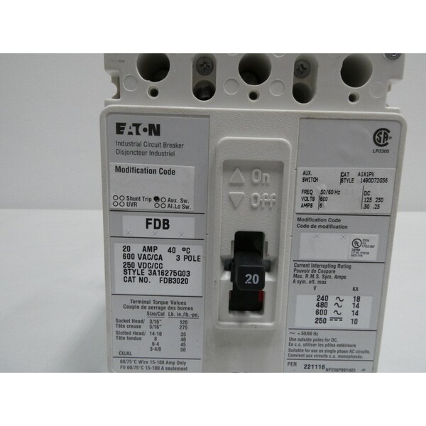 Eaton 3P 20A AMP 600V-AC MOLDED CASE CIRCUIT BREAKER - FDB3020