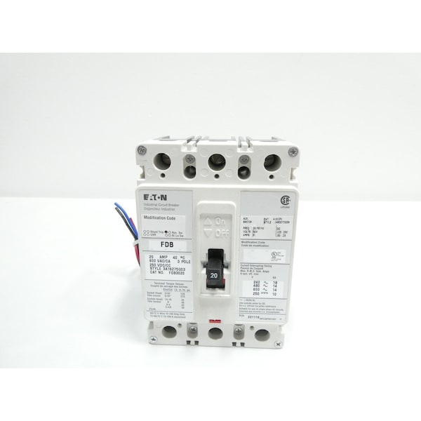 Eaton 3P 20A AMP 600V-AC MOLDED CASE CIRCUIT BREAKER - FDB3020