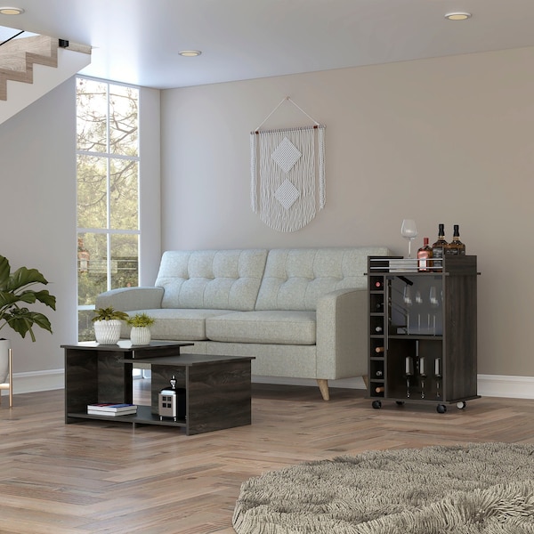 Tuhome Quincy 2 Piece Living Room Set, Bar Cart, Coffee Table, Espresso - CLIV30