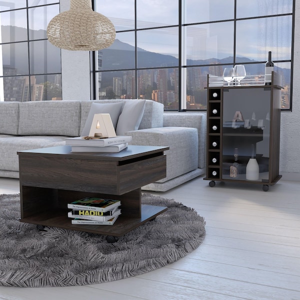 Tuhome Riverside 2 Piece Living Room Set, Bar Cart, Coffee Table, Espresso - CLIV36