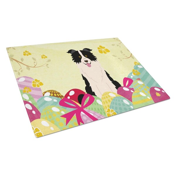 Carolines Treasures Easter Eggs Border Collie Black & White Glass Cutting Board Large - BB6118LCB
