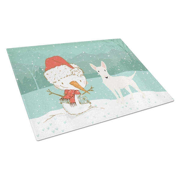 Carolines Treasures White Bull Terrier Snowman Christmas Glass Cutting Board Large - CK2058LCB