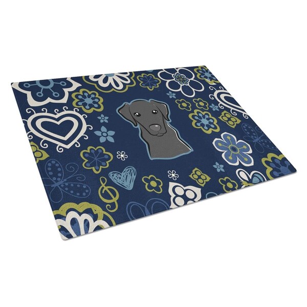 Carolines Treasures Blue Flowers Black Labrador Glass Cutting Board Large - BB5086LCB
