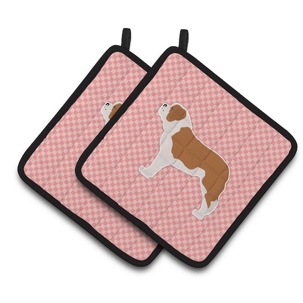 Carolines Treasures Saint Bernard Checkerboard Pink Pair of Pot Holders - BB3676PTHD