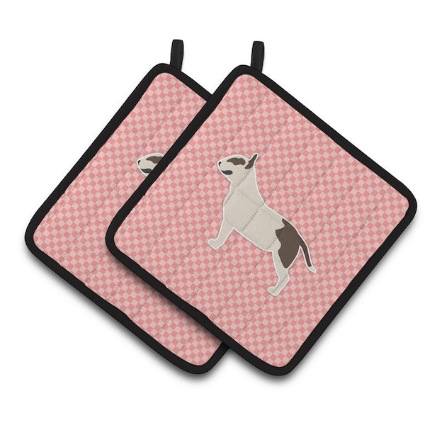 Carolines Treasures Bull Terrier Checkerboard Pink Pair of Pot Holders - BB3678PTHD