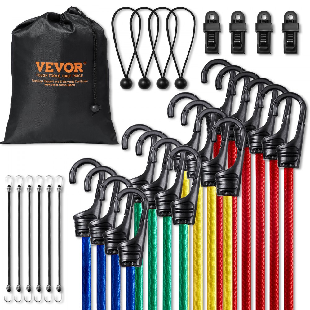 VEVOR 32 Pcs Bungee Cords Set 8 mm Heavy Duty Bungee Straps with A3 Steel Hooks - DLKZDW32PCSYNP5WFV0