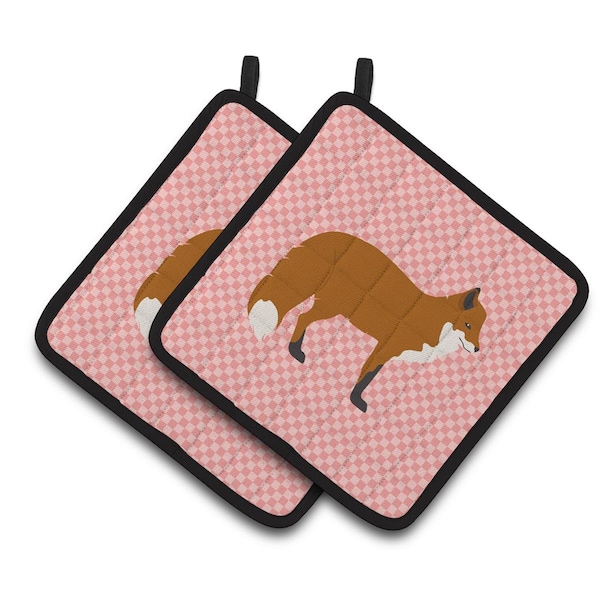 Carolines Treasures Red Fox Pink Check Pair of Pot Holders - BB7876PTHD