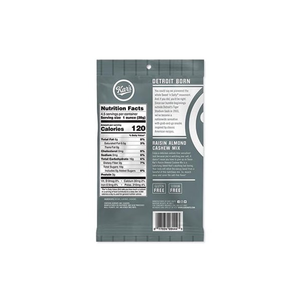 Mezcla de frutos secos Kars Fresh Harvest, Pasas, Almendras y Anacardos, Bolsa de 4.5 Oz, 12 unidades - 08444