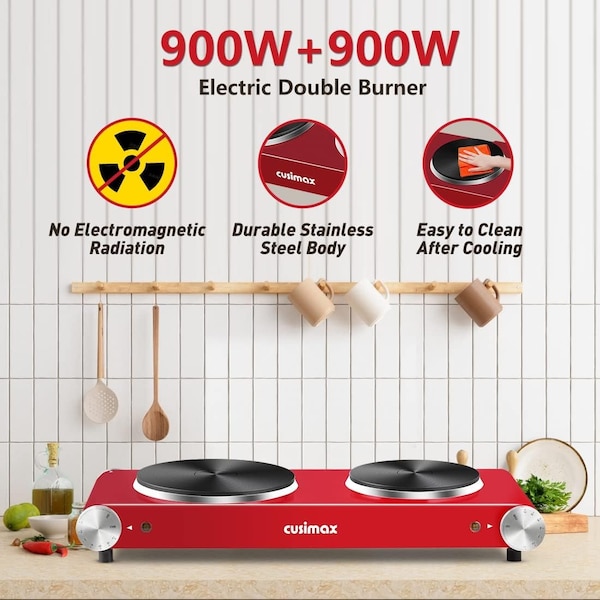 Cusimax Double Hot Plate, Cast Iron Electric Stove, Stainless Steel, Black - CMHP-B201B