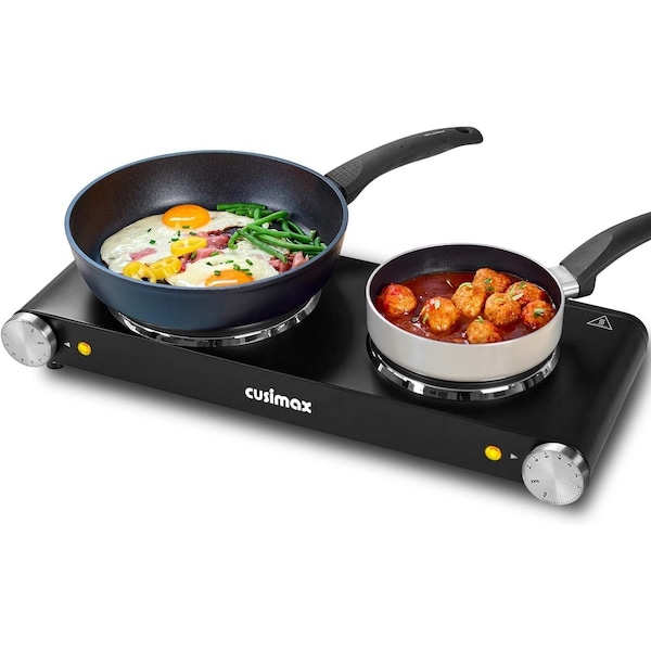 Cusimax Double Hot Plate, Cast Iron Electric Stove, Stainless Steel, Black - CMHP-B201B