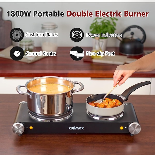 Cusimax Double Hot Plate, Cast Iron Electric Stove, Stainless Steel, Black - CMHP-B201B