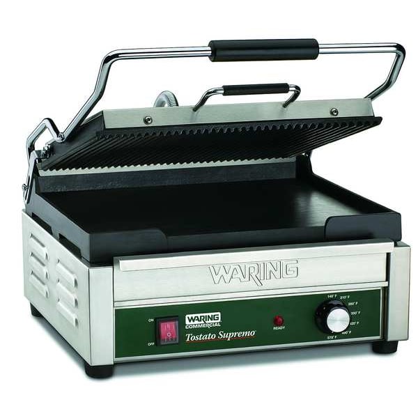 Waring Commercial Ribbed Top Plate, Flat Bottom Plate Panini Grill 17 1/2" x 16" x 9 1/2" - WDG250